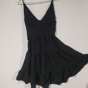 Sexy Black Strappy Mini Dress With Open Tie Up Back, Ruffles.